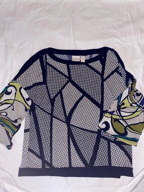 Chico's Navy, White, Olive & Teal Geometric Tunic